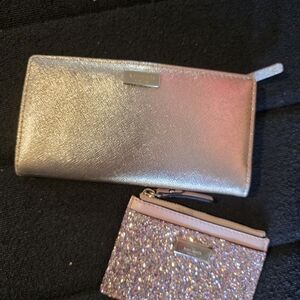 KATE SPADE 2-Set Metallic Rose Gold Long Wallet with Pink Glitter Card Pouch